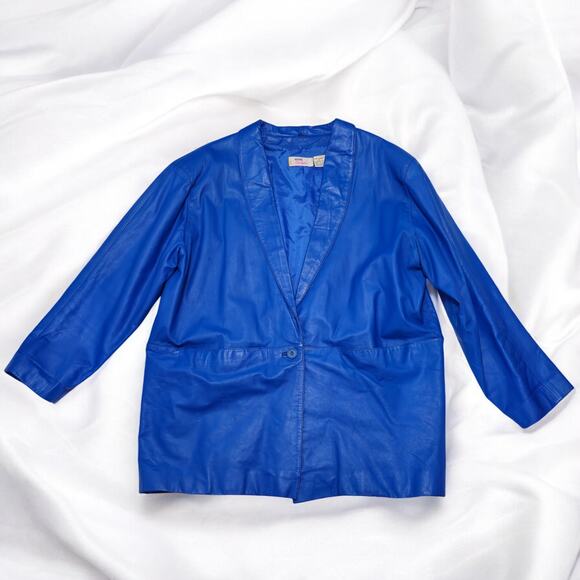 80s Retro Blue Leather Blazer Jacket Vintage Size L - Picture 9 of 16